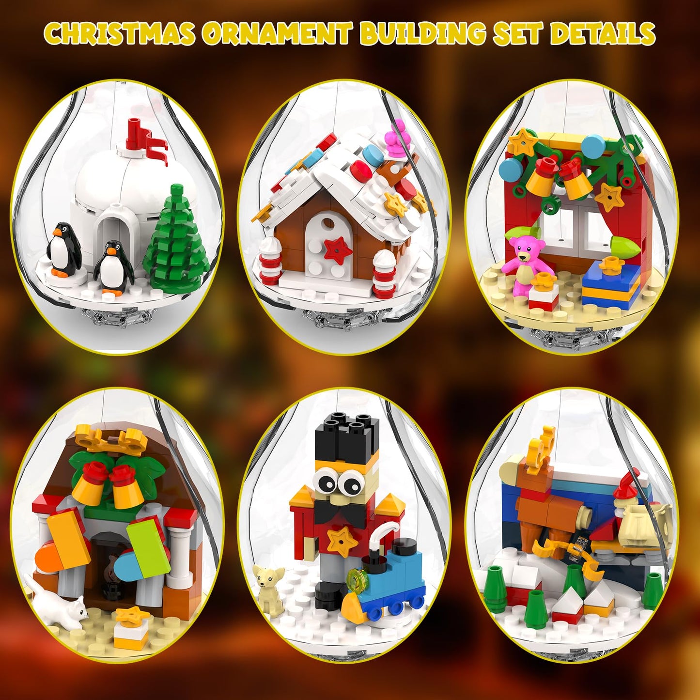6 Pack Christmas Tree Bulb Ornament with Light Building Set, Including Gingerbread House, Penguin House, Christmas House, Fireplace, Nutcracker, Reindeer, Stocking Stuffer Toy Gifts for Kids.(405PCS)
