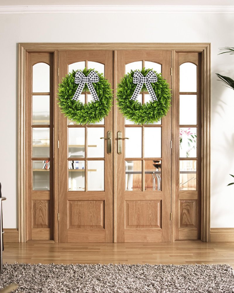 Vlorart 20" Boxwood Wreath for Front Door with Sash & Plaid Bow, Full Lush Artificial Greenery Wreath for Spring Summer Farmhouse Wall, Window & Wedding Decor