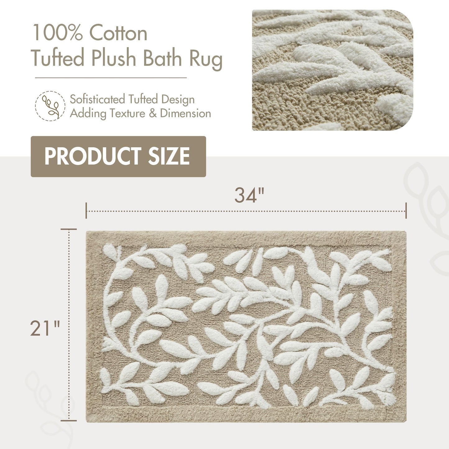 Madison Park Serene 100% Cotton Tufted Bathroom Rug - High & Low Tufting Floral Leaf Design, Quality Luxurious Plush Medium Pile Bath Mat Absorbent, Quick Dry, Shower Room Décor, 21x34 Taupe