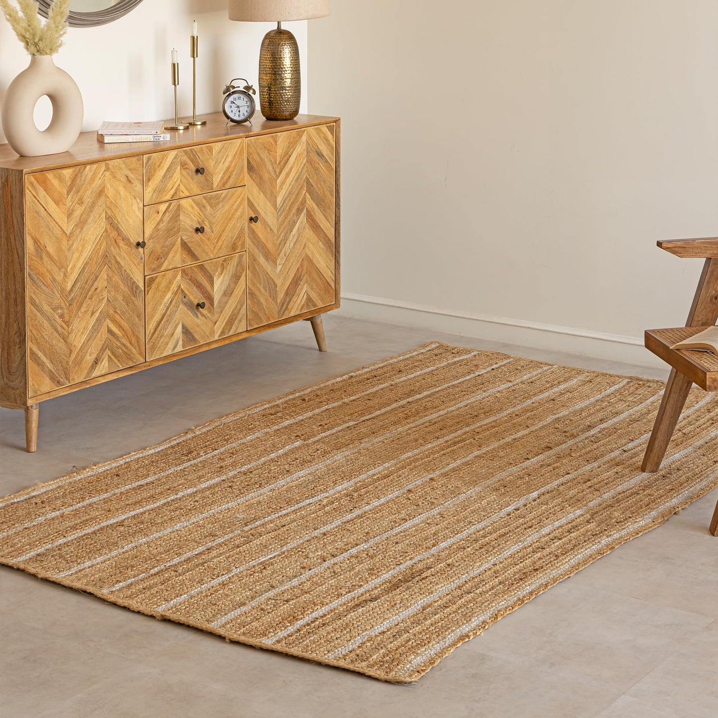 HOMEMONDE Natural Braided Jute Area Rug 6x9 ft - Off White Stripe Eco Friendly Premium Fiber - Hand Woven Rustic Vintage Reversible Braided Rugs for Bedroom, Kitchen, Living Room and Dining Room