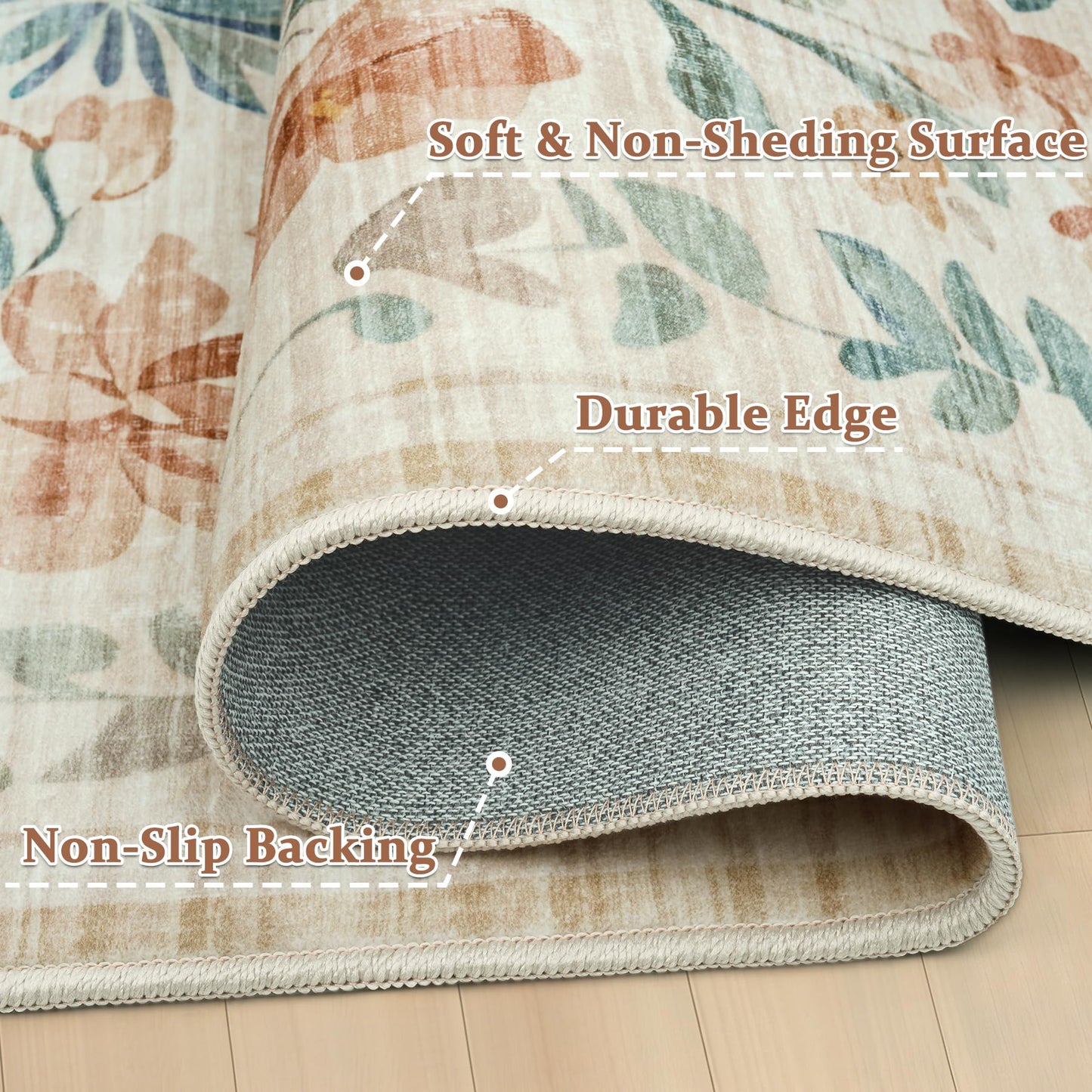 8x10 Area Rugs Washable Rug: Large Boho Living Room Rug Soft Non-Slip Low Pile Carpet Indoor Floor Non-Shedding Neutral Floral Carpets for Bedroom Dining Room Farmhouse Nursery Beige