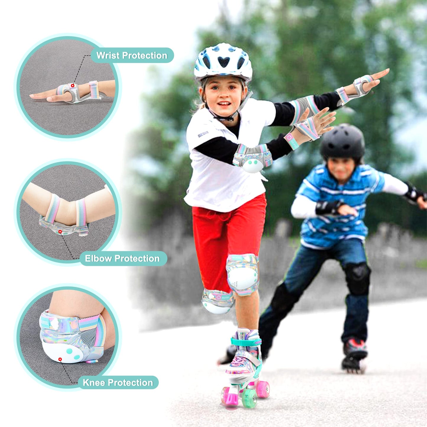 SULIFEEL Rainbow Unicorn Knee Pads for Kids Knee Elbow Pads Wrist Guards with Drawstring Bag Adjustable Protective Gear Set for Girls Boys Roller Skating Bike Cycling Skateboard Scooter Shiny Small