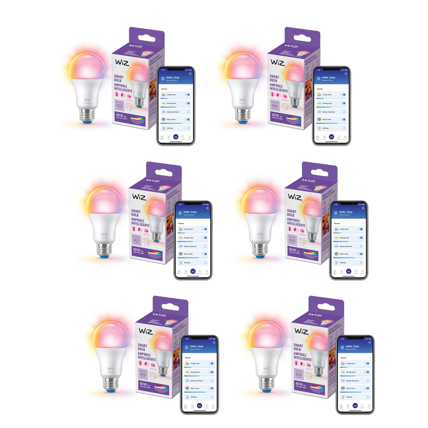 WiZ Connected Smart Light Bulbs, Sunset to Sunrise Automation + Motion Detection + Control with Voice or App, Full Color A19 60W 800LM Indoor, Matter Compatible -3 Pack
