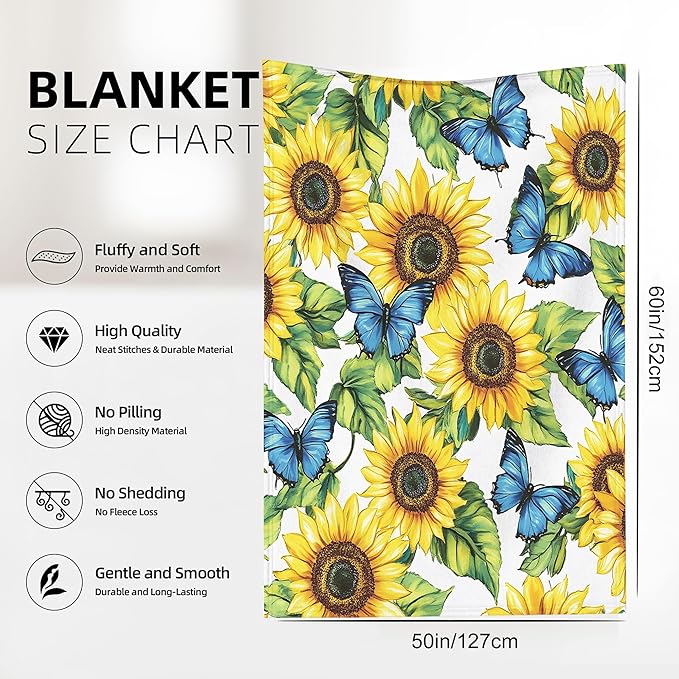 Sunflower Garden Blanket Gfits for Women Men Kids Butterflies Throw Blankets Soft Lightweight for Home Decor Couch Bed Sofa 50x60 Inches