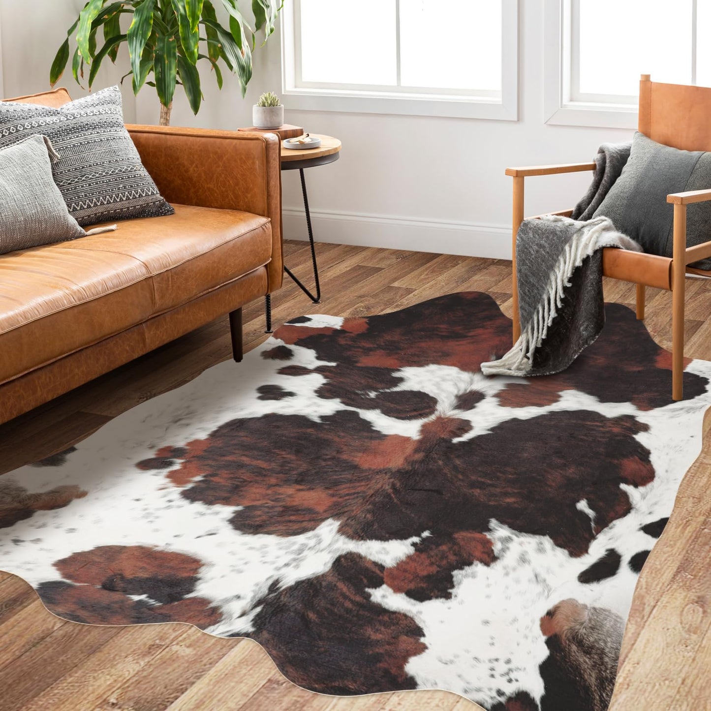 BennyRug Cowhide Rug Faux Cowhide Rugs Cow Hide Animal Print Rug Brown Non-Slip Area Rug Western Decor for Living Room, Bedroom, Office(4.6x5.2ft)