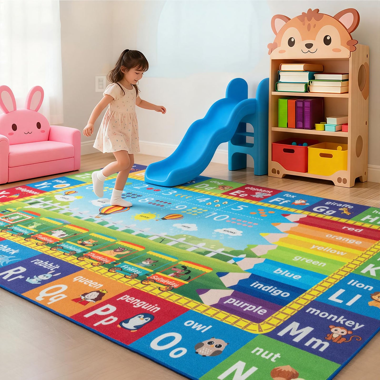 ST. BRIDGE Educational Kids Area Rug 6x9 Feet, Non Slip Play Mat Learning with ABC Alphabet, Numbers & Animals for Preschool Toddler, Soft Washable Carpet for Playroom Nursery Classroom Bedroom