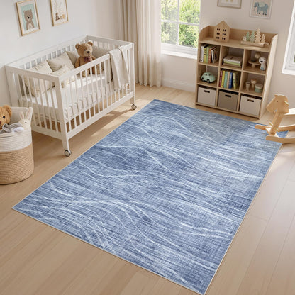 WITSHOCK 9x12 Area Rug, Washable Rugs for Living Room, Large Rug Thin Carpet Non Slip Stain Resistant Soft Carpets, Modern Wave Striped Rugs for Bedroom Dining Room Office Kitchen Nursery, Blue