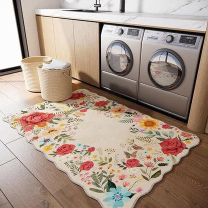 Washable Entryway Small Area Rugs: Door Mat Indoor Entrance 3x5 Floral Rug Ultra Thin Stain Resistant Non Slip Low Pile Lightweight Carpet for Kitchen, Front Door, Kids Room Decor (Beige)