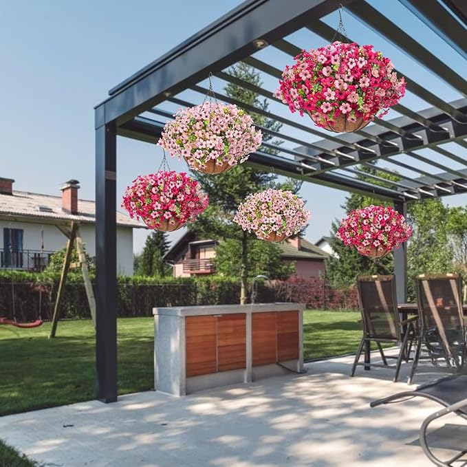 Artificial Hanging Faux Flowers Basket, Fake Silk Daisy Eucalyptus Plants Arrangement,for Spring Summer Outdoor Decoration,UV Resistant, Coconut Planter,Look Real for Home Garden Décor (Rosered Pink)
