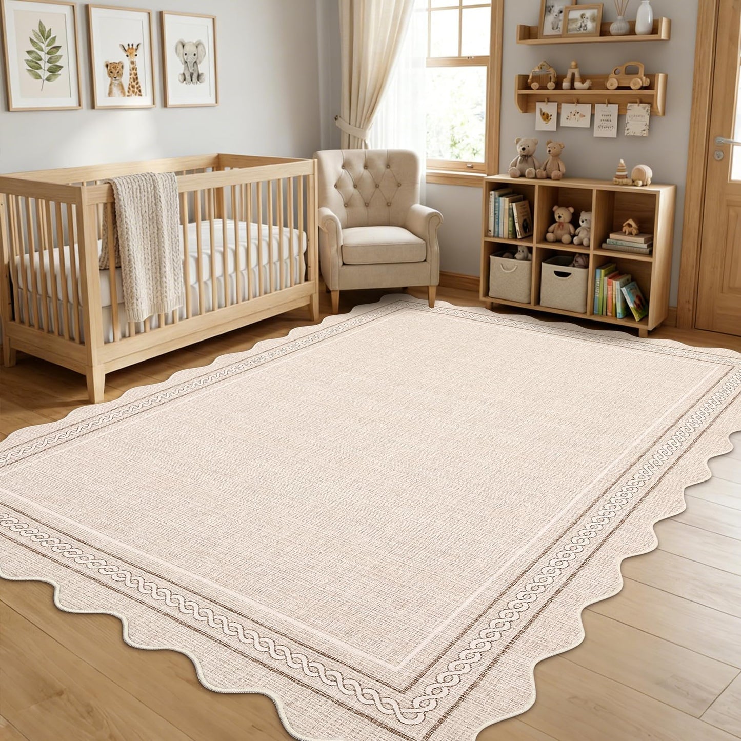 Garvee Scalloped Washable Rugs 10x14 Rug for Living Room Bedroom Rug Modern Large Area Rug Non Slip Throw Rugs Soft Low Pile Stain Resistant Carpet for Dorm Dining Room Dorm, 10'x14' Beige