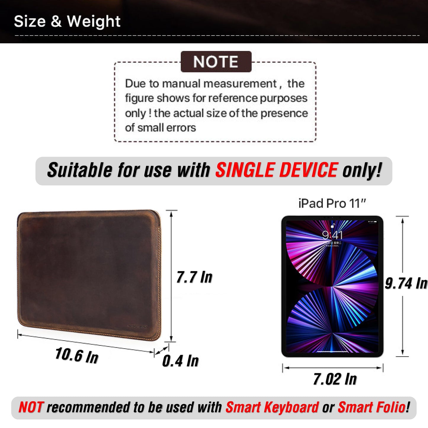 CataPurus Top Grain Leather 11" Sleeve Slim Protector Case for Tablet, Solid Vintage Design, Fully Handmade, Compatible with 10.5"/10.9"/11" iPad Pro/Air, 10.2" iPad 7th/8th/9th Gen, Coffee 11 Inch