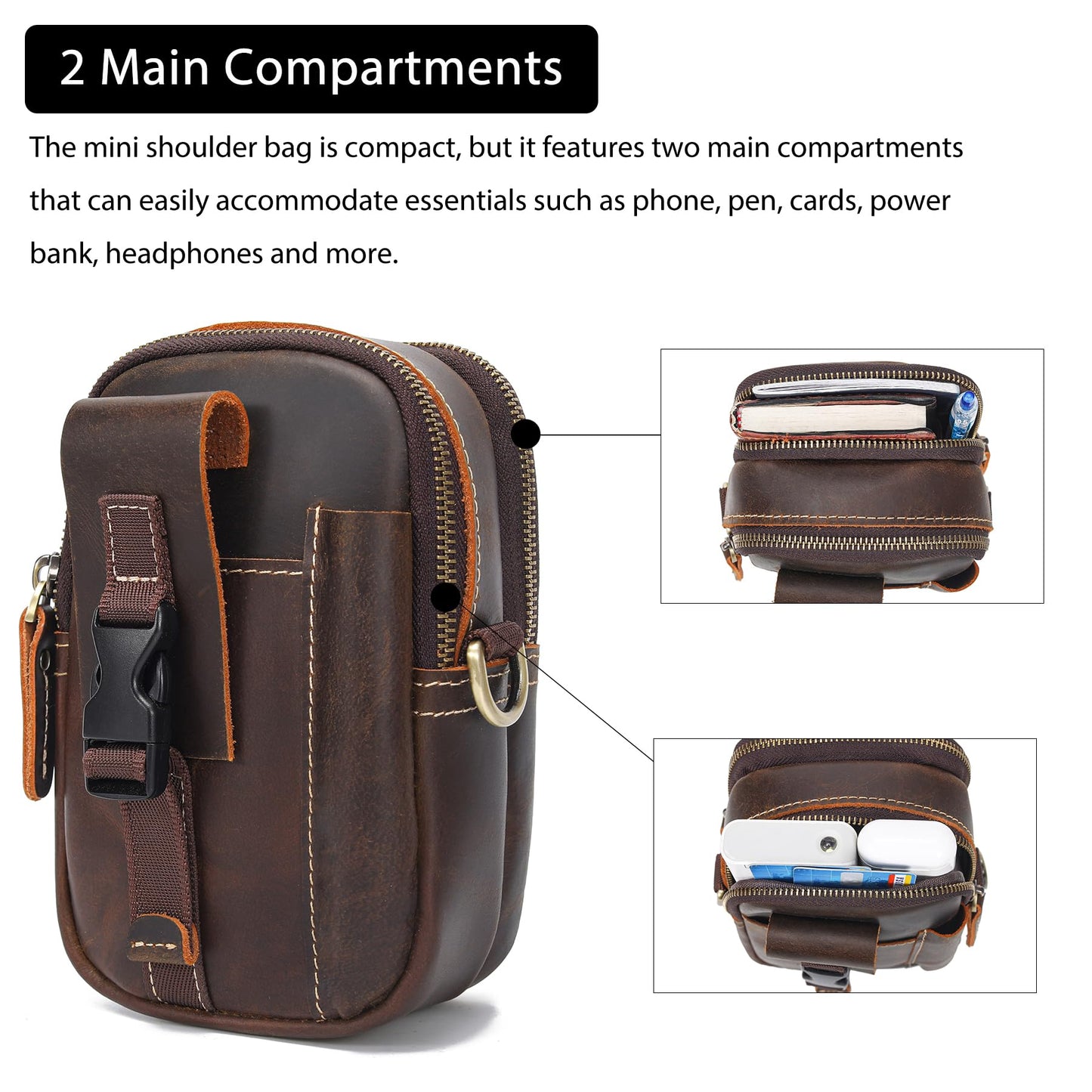 LANNSYNE Small Full Grain Leather Messenger Bag for Men, 3-in-1 Crossbody Shoulder Bag & Waist Belt Pouch, Sling Purse for Travel Business, Vintage Cell Phone Holster