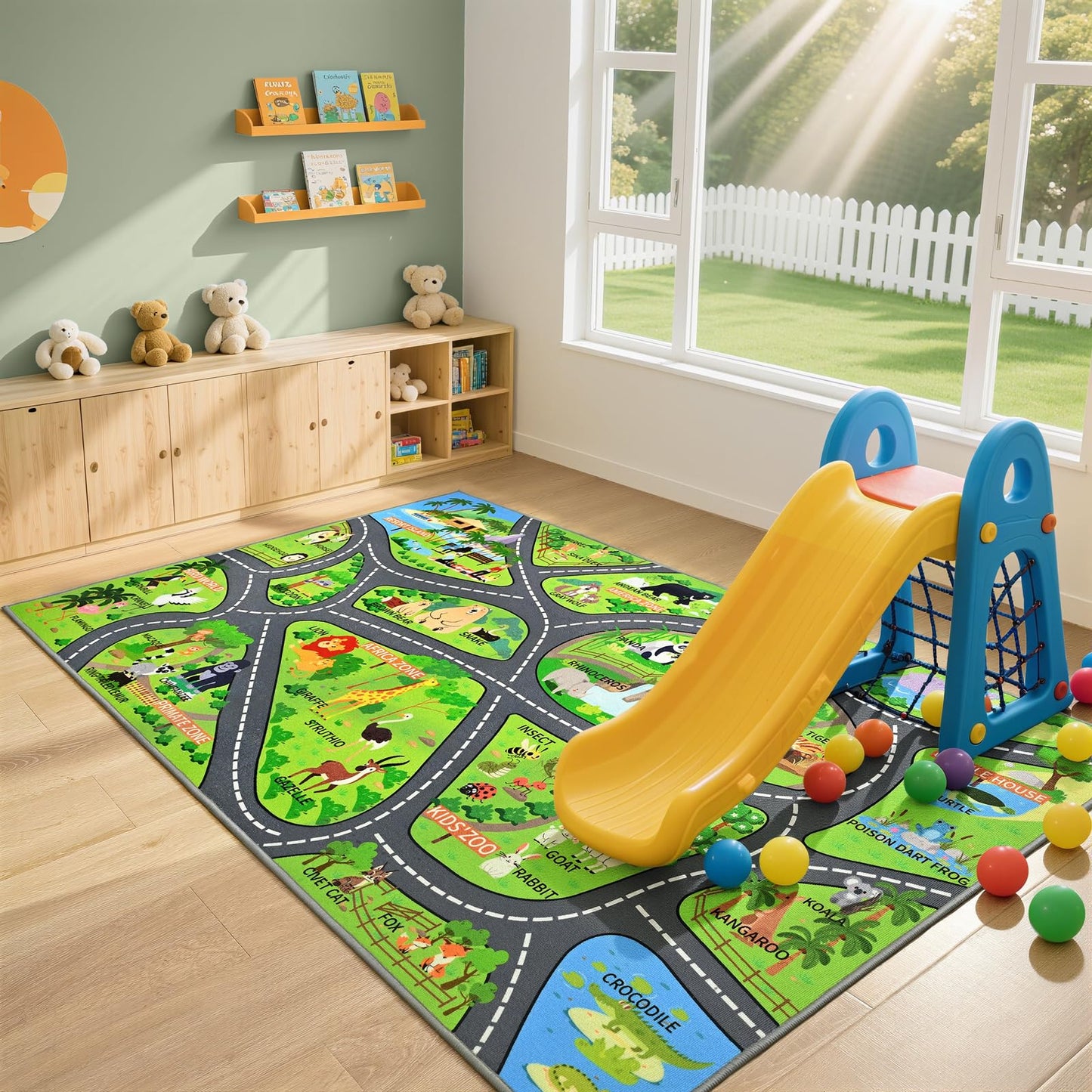 B BENRON Zoo Adventure Kids Car Rug, Cute Animal Play Mat with Non-Slip Backing, Kids Carpet with Lions, Tigers & Giraffes for Educational and Fun Playtime, 60"x36"