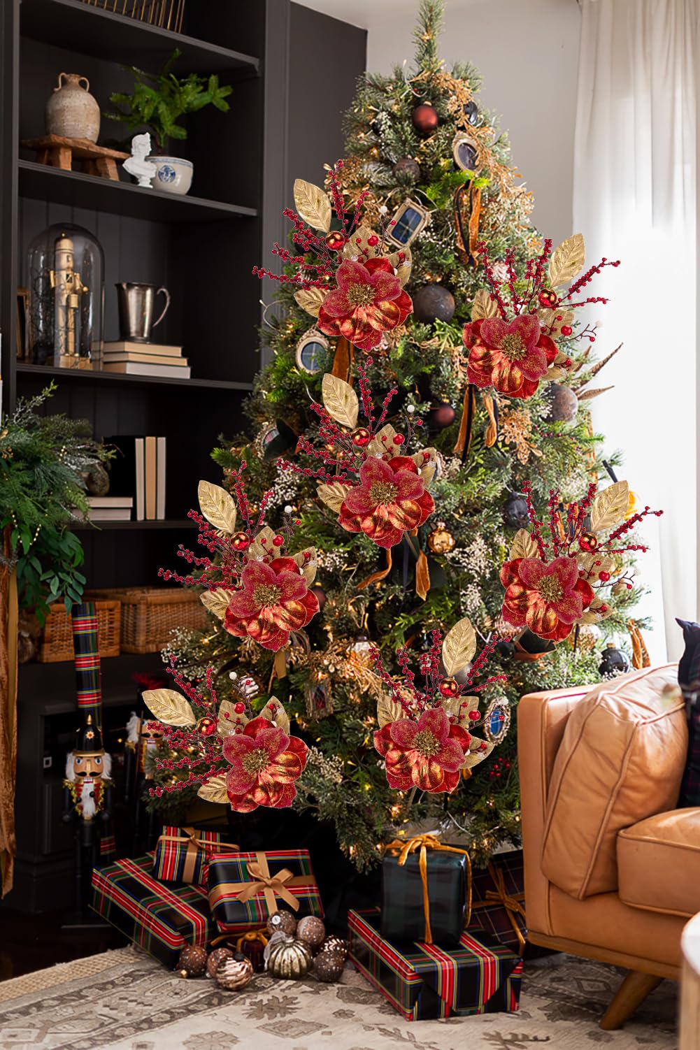 Briful 2PCS Christmas Glitter Magnolia Flowers Picks and Spray with Christmas Balls Ornament Red Berries Gold Leaves Branches for Xmas Tree Wreath Vase Floral Arrangement (Red Gold)