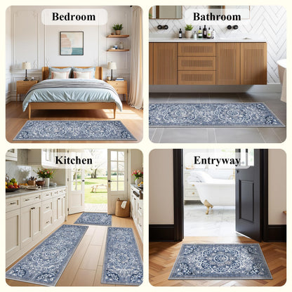 Ileading Boho Kitchen Rugs Sets 3 Piece with Runner Floral Kitchen Floor Mat Carpet Farmhouse Kitchen Rugs and Mats Non Skid Washable Runner Rug for Kitchen Floor Office Sink Laundry, Blue