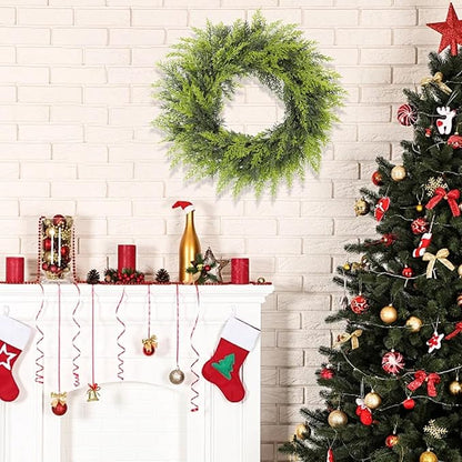 Real Touch Artificial Cedar Wreath 24" Fake Christmas Wreaths for Front Door Faux Pine Greenery Wreaths for Home,Window,Table,Mantle,Wall,Indoor,Outdoor Xmas Decorations