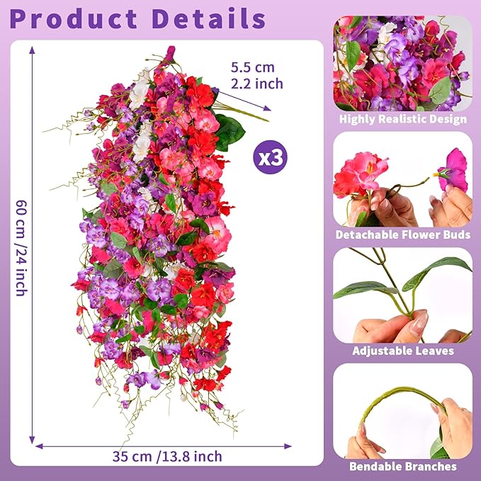 Artificial Flowers for Outdoors 3 Pack Fake Hanging Plants with Faux Hibiscus Flowers Summer Fall Decor UV Resistant Silk Leaves for Indoor Outdoor Front Door Porch Patio Planter Decor