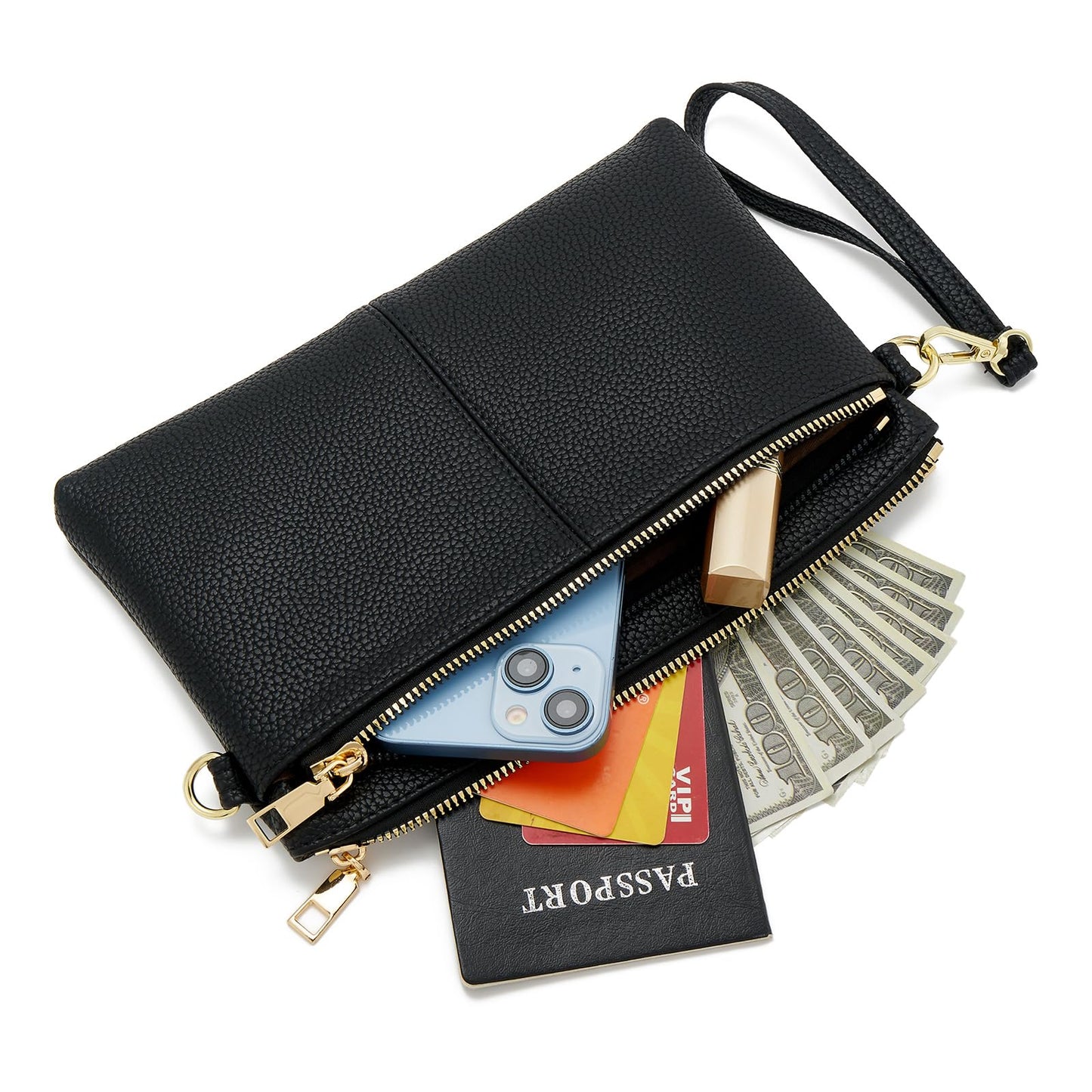 ZOOEASS Triple Zip Small Crossbody Bag Lightweight Purses Vegan Leather Wristlet Clutch, Includes Adjustable Shoulder (Black)
