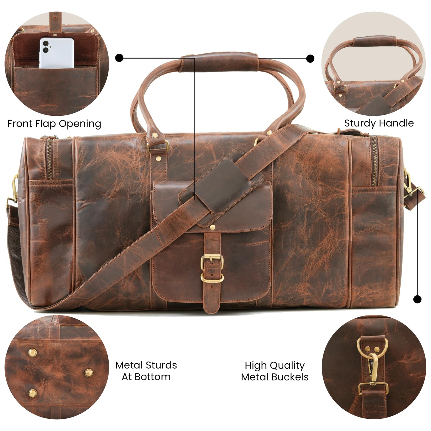 Handmade World Leather Duffle Bag for Men – Full Grain Buffalo Leather Weekender Travel Bag, Large Carry On Overnight Gym Bag, Handmade Rustic Brown Leather Luggage 24 Inch (Crunch Leather)