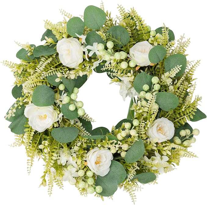 Spring Summer Wreaths for Front Door Artificial Rose Eucalyptus Berries Green Wreath Spring Summer Door Wreath for Farmhouse Wedding Festival Party Indoor Outdoor All Season Home Decor