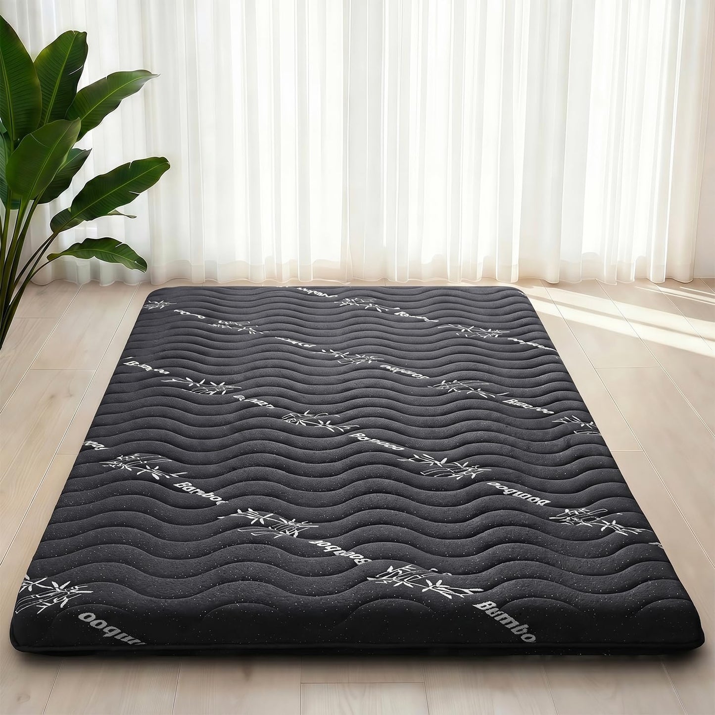 Japanese Floor Mattress Viscose Derived from Bamboo, 100% High Density Foam, 3.5" Thicken Cooling Foldable Futon Mattress Tatami Mat, Roll Up Floor Bed for Guest Room Bedroom RV, Black, Twin