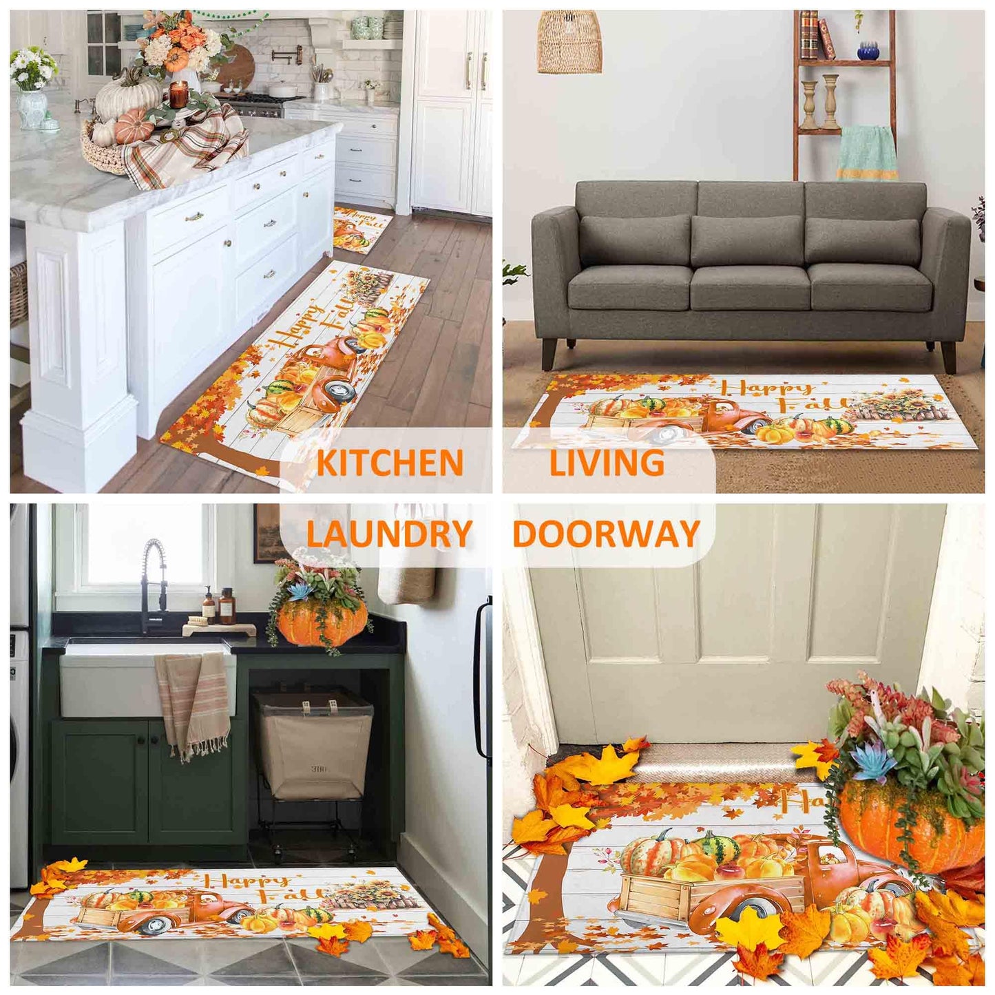 Noulmea Happy Fall Pumpkin Decorative Kitchen Rugs Set of 2, Home Seasonal Fall Holiday Party Autumn Harvest Thanksgiving Kitchen Floor Mat 17"x47"+17"x30"