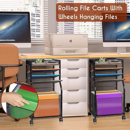 5-Tier Rolling File Cart with Lockable Wheels, Mobile File Cabinet for Hanging File Folders Sliding Trays, Under Desk Storage, Paper Organizer Utility Cart Filing Cabinet for Office, Home, School