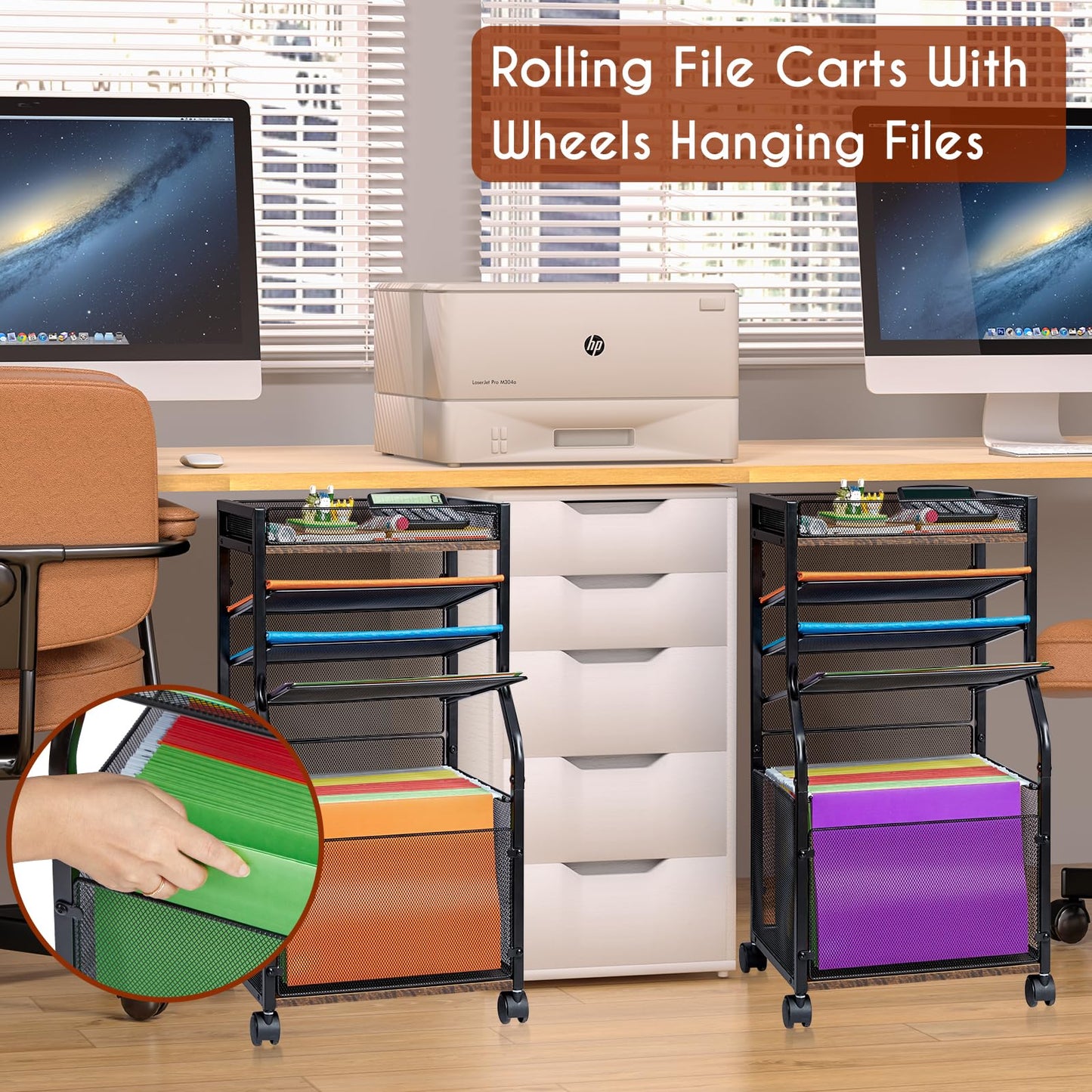 5-Tier Rolling File Cart with Lockable Wheels, Mobile Desk File Organizer Hanging File Folders Paper Letter Sliding Trays, Black Wood & Mesh Hanging Folder Drawer Organization for Office, Home, School
