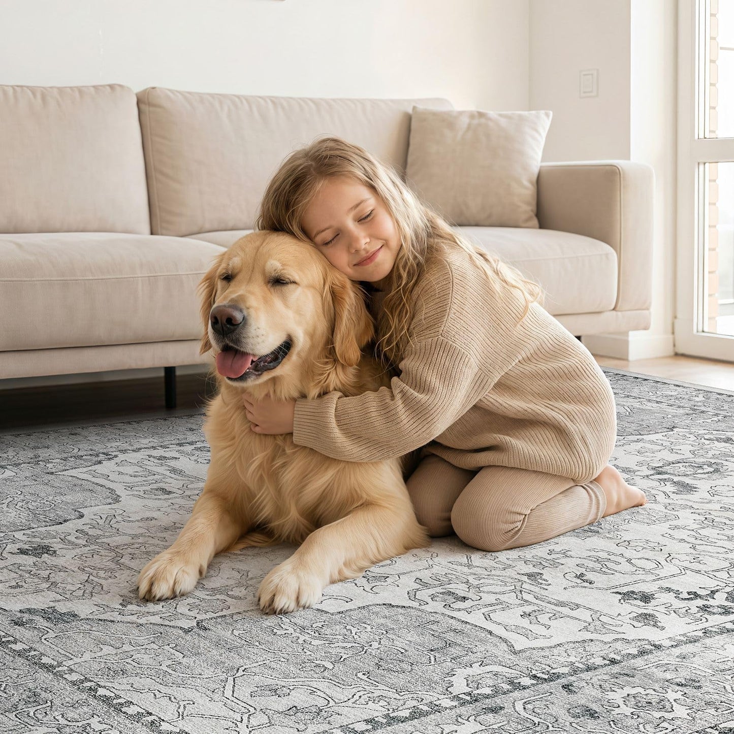 cotiled 4x6 Area Rug Machine Washable Vintage Carpet for Living Room Bedroom Soft Non-Slip Backing Floor Mat Kid & Pet Friendly Stain Resistant Grey