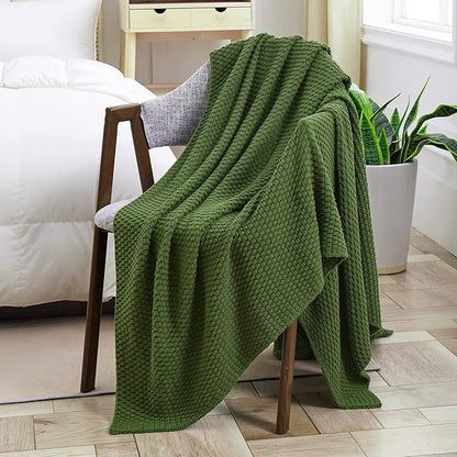 Longhui bedding Olive Green Knitted Throw Blanket for Couch, Soft, Cozy Machine Washable 100% Cotton Sofa Knit Blankets, Heavy 3.0lb Weight, 51 x 63 Inches, Green Color.