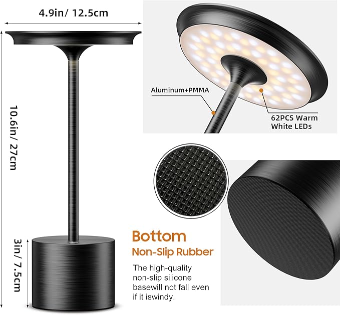 Cordless Table Lamp, Portable Rechargeable 6000mAh Outdoor Table Lamp, 3 Color Stepless Dimming Battery Powered Lamp, LED Table Light for Dinner/Restaurant/Outdoor (Black)
