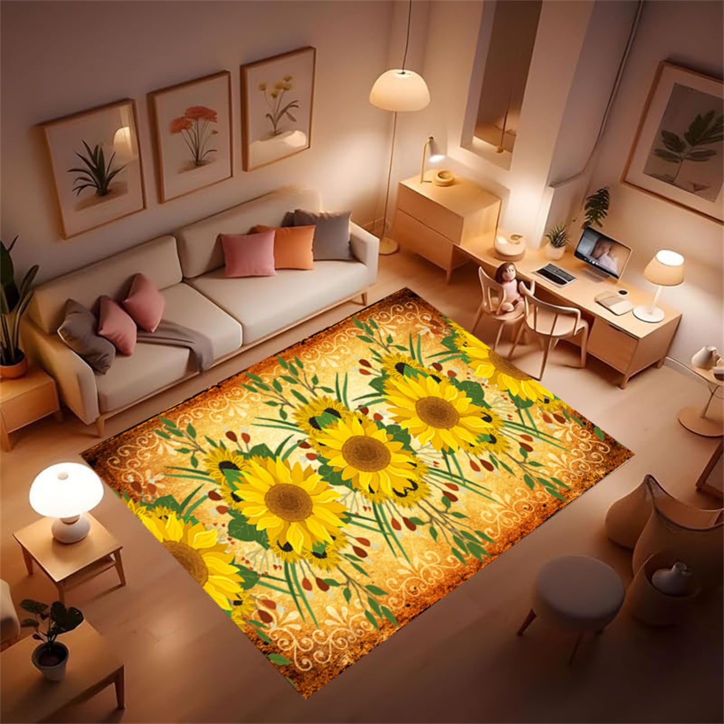 AOESELN Yellow Sunflower Area Rug,3x5ft Farmhouse Country Floral Rug, Non-Slip Washable Low Pile Soft Indoor Rug for Living Room, Bedroom, Dining Room, Office, Study, Kitchen