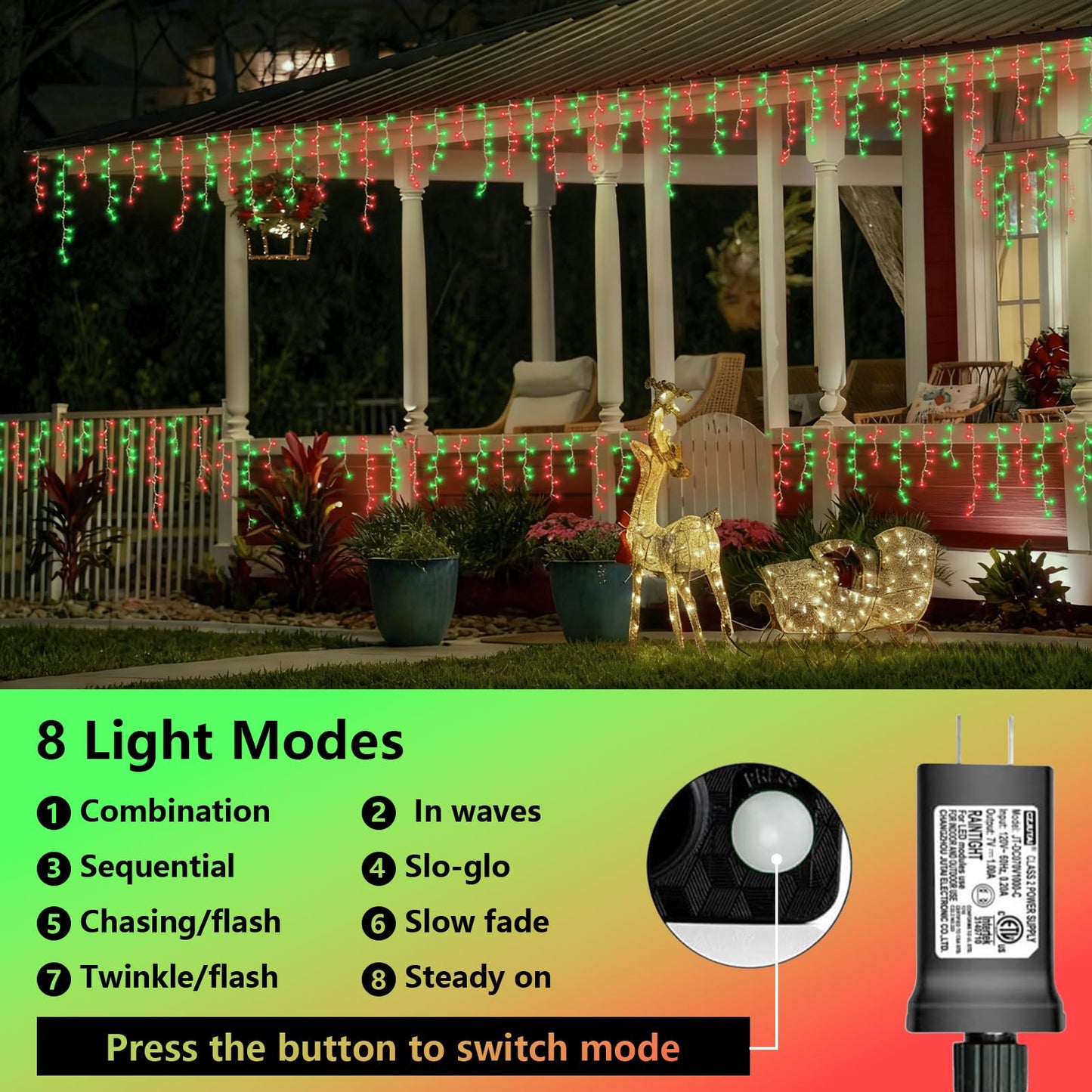 YEGUO 33ft 400 LED Red and Green Icicle Lights Outdoor Waterproof, 80 Drops Icicle String Light Connectable, 8 Modes Icicle Christmas Lights with Memory Timer