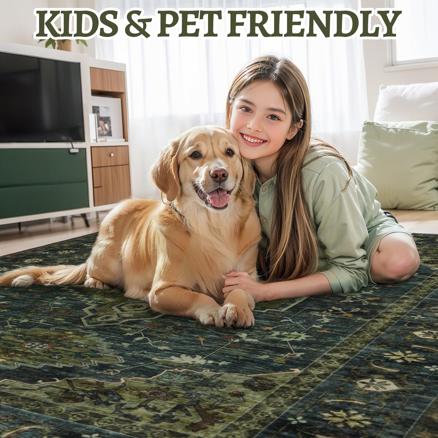Tangsoo 3x8 Washable Runner Rug for Hallways, Non Slip Vintage Runner Rug, Soft Low Pile Long Rug Runner, Print Distressed Green Carpet Runners for Kitchen Bedroom Entryway Bathroom Living Room