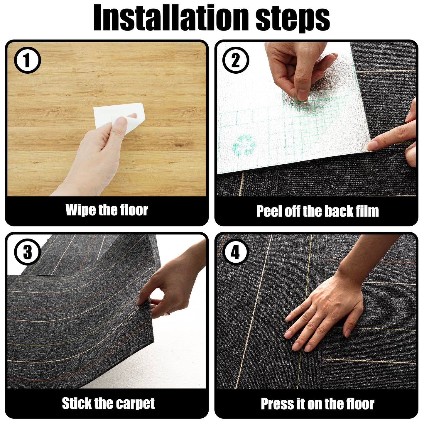 24 * 24in Self-Adhesive Carpet Tiles, Peel and Stick Floor Squares for Home Office, Removable Decorative Rug Mat, Easy Install, Sound Absorbing (10Pcs Dark Grey)