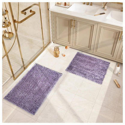 Civkor Bathroom Rugs Set 2 Pieces Light Purple Butter Chenille, Shiny Noodle Bath Mat Rug Set with Non Slip Backing, Super Water Absorbent Machine Washable 31x20 and 24x16 Inch, Lavender