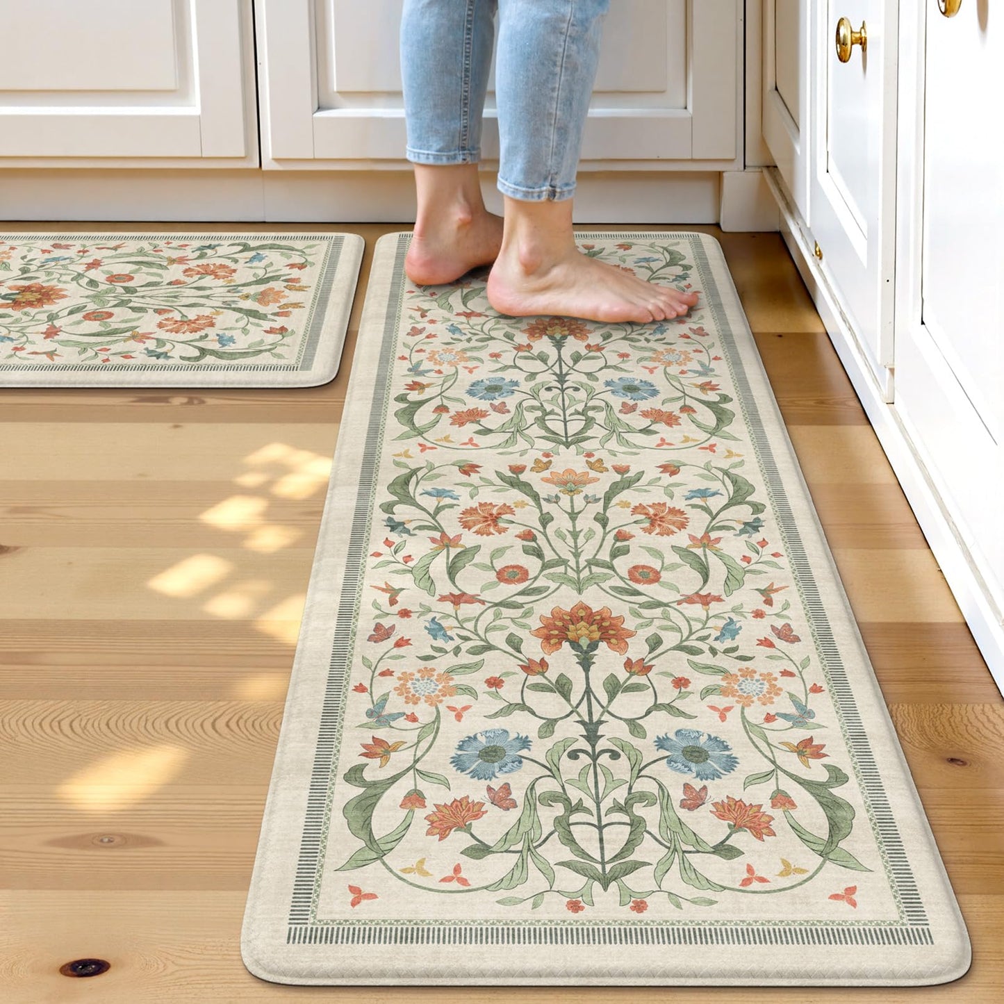 Collive Kitchen Mats for Floor, Cushioned Anti Fatigue Mat Floral Rugs 2 Piece Non Skid Waterproof Sink Rug, Memory Foam Comfort Standing Mat for Office, Laundry, Desk, 17.3"x29"+17.3"x47", Beige