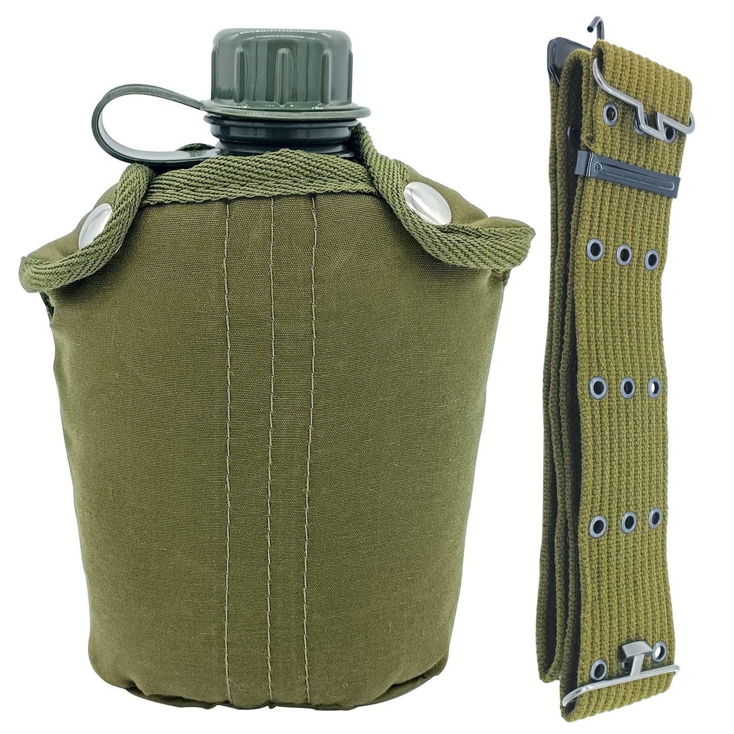 Plastic Military Canteen, 1 Quart Portable Army Water Bottle with Cup Sleeves and Waist Belt for Hiking Camping Climbing and Most Outdoor Activities