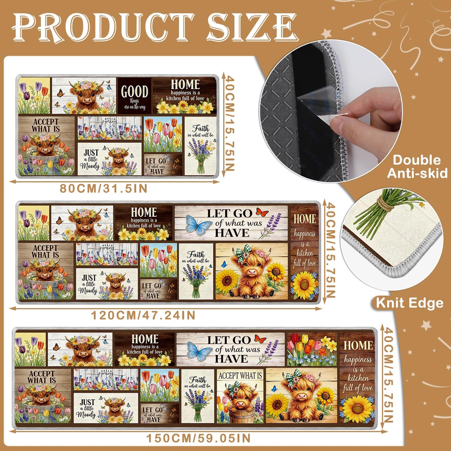 InIsaJace Highland Cow Kitchen Decor - 3 Pcs Highland Cow Kitchen Rugs and Mats, Farmhouse Cattle Non Slip Rug Spring Seasonal Floor Mats for Home Door Bathroom (16x31 + 16x47 + 16x59 Inch)
