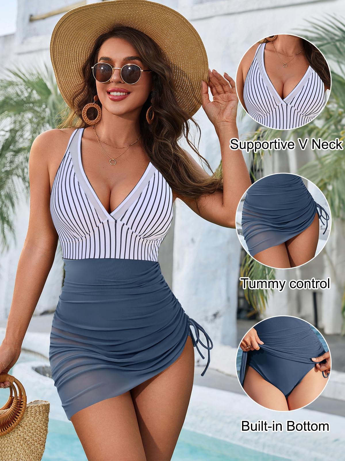 Blooming Jelly Women One Piece Swimsuits Tummy Control Swim Dress Slimming Sexy Sarong Wraps Swim Suits (L, Blue Stripes)