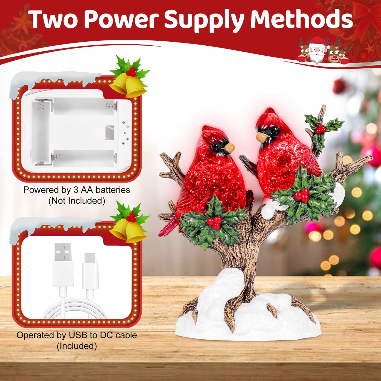 9.8 inch Christmas Snow Globes Cardinal with Music 6H Timer USB and Battery Powered Lighted Glitter Water Lantern Cardinal Snow Globe for Christmas Festival Decoration Gifts