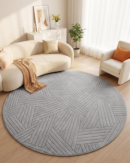 Carvapet 5.2ft Round Area Rug - Light Grey High Low Pile Modern Floor Carpet, Washable Plush 3D Texture Circle Mat with Skid-Resistant Rubber Backing for Living Room Nursery