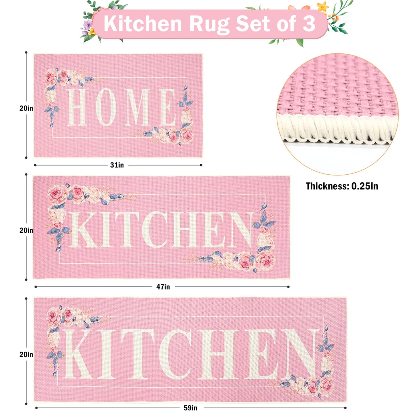 PCSWEET HOME Pink Floral Kitchen Rugs Mats for Floor 3PCS, Farmhouse Non Slip Kitchen Rug Runner, Washable Non Skid Kitchen Rugs, Comfort Standing Mat for Laundry, Desk, Bar, Office