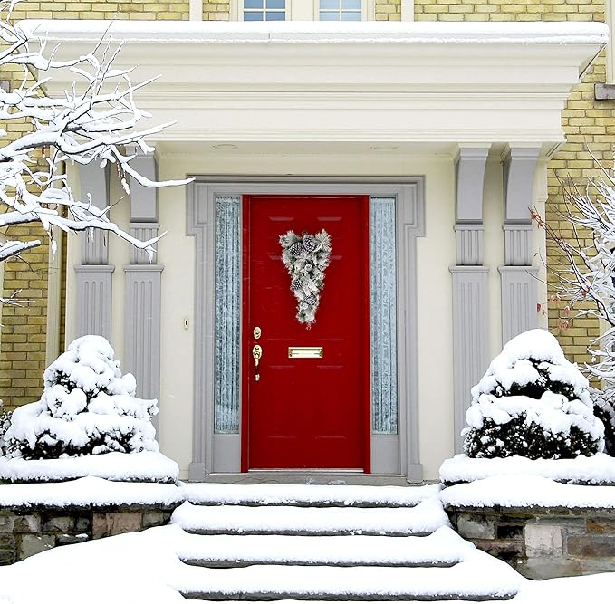 Fraser Hill Farm 30" Christmas Snow Flocked Teardrop Door Swag with Pinecones, FF030CHTD001-0SN
