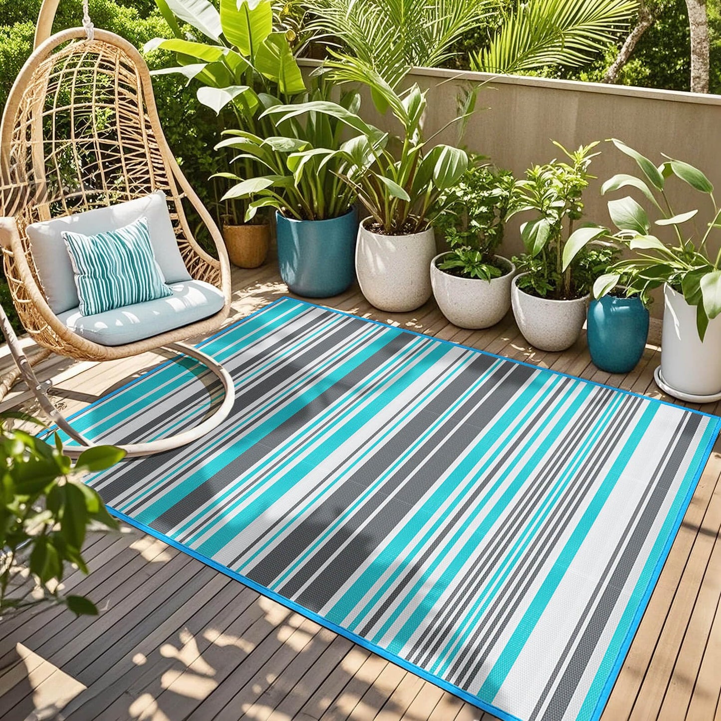 Outdoor Patio Plastic Rug Waterproof - Outdoor Rugs for Camper Outside, Rv, Porch Deck Rug Clearance, Area Carpet for Outside, Balcony, Patio Decor, Blue & Grey, 4x6 ft