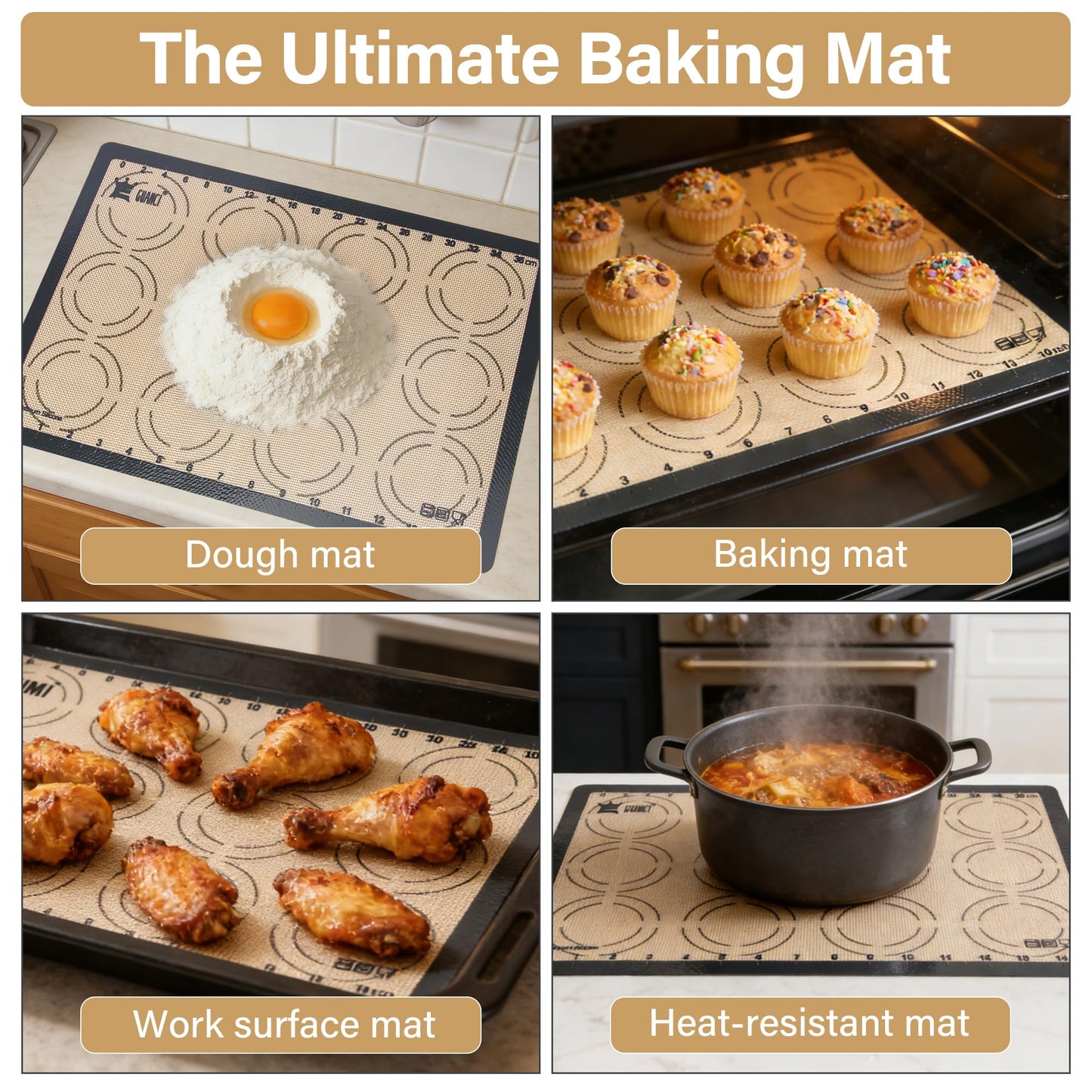 GUANCI 2 Pack Silicone Baking Mats, 11.6" x 16.5" Each, 0.7mm Thick, Food Grade Non-Stick Reusable Baking Mats & Baking Sheet Liners for Cookies, Macarons, Bread, Pizza & Pastry