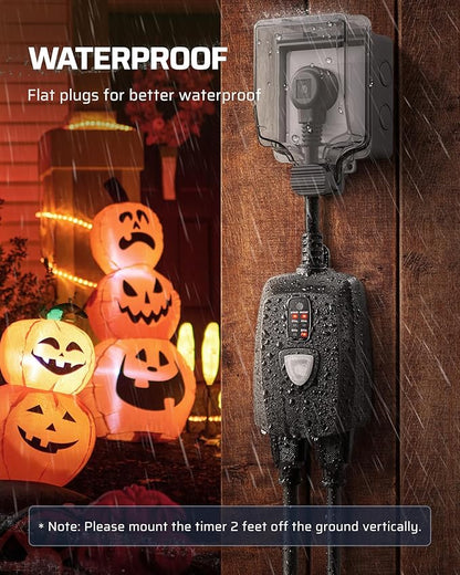 DEWENWILS Outdoor Timer Outlet Waterproof, 15A 1/2HP, 2 Grounded Outlets, 100FT Remote Control, Black, FCC Listed
