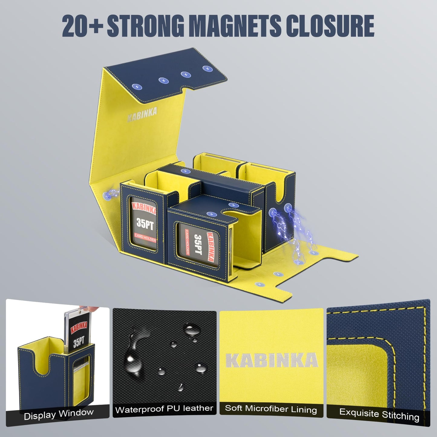 Kabinka Deck Box for MTG with Commander Display, 3 in 1 Trading Card Storage Box Fit 200 Double-sleeved Cards, Removable Deck Case for TCG/Sports Cards with 2 Magnetic Card Holders (Blue Yellow)