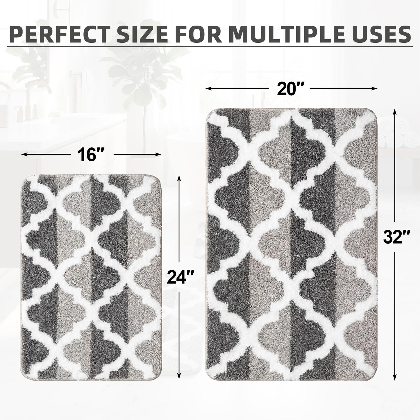 Arttown Dark and Light Grey Trellis Bathroom Rug Set 2 Piece Fluffy Microfiber Non-Slip Water Absorbent Bath Mat Soft Washable for Tub Showers Laundry Room Decor (16"x24"+20"x32")