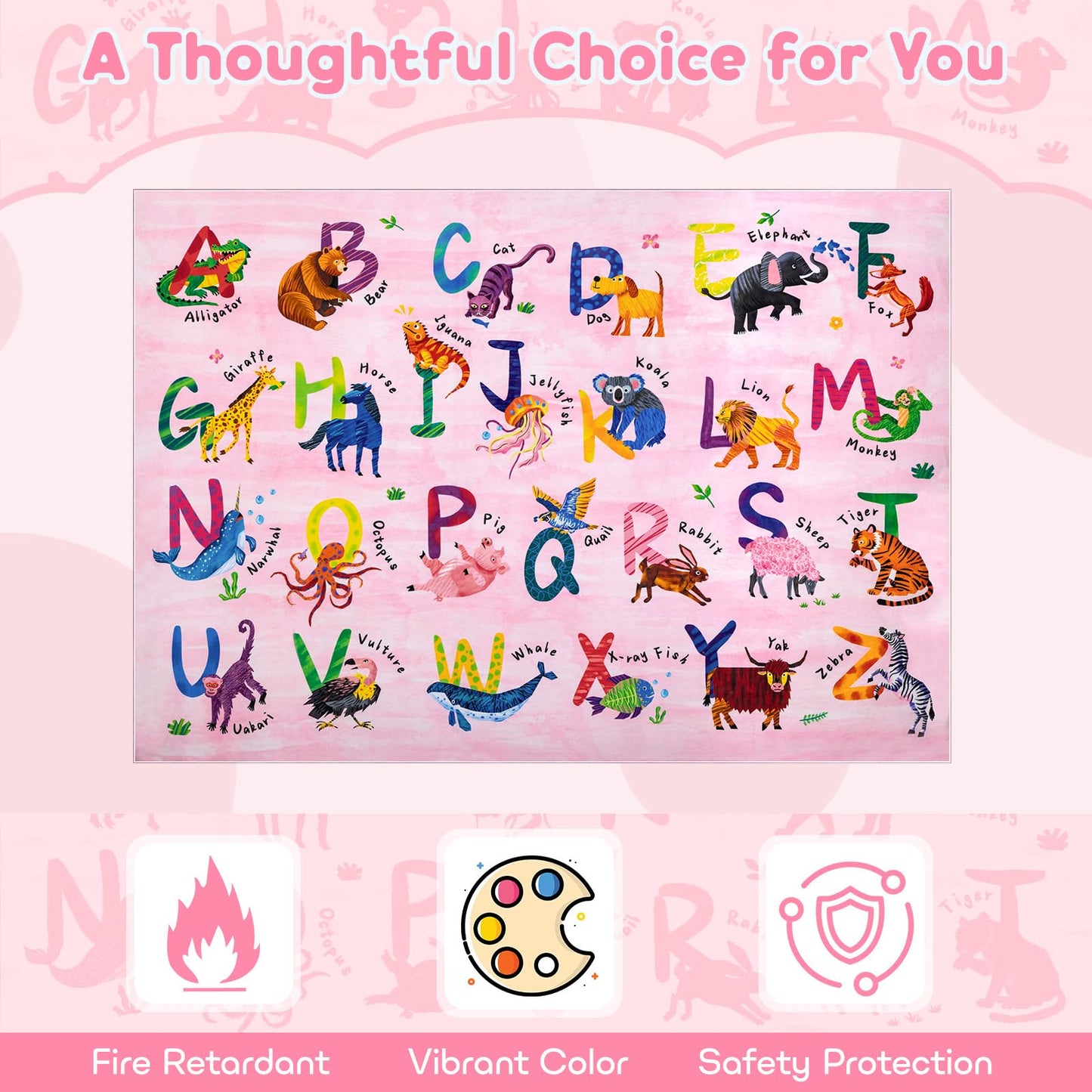 Rogara 5x7 ABC Classroom Rug for Kids Playroom, Alphabet Rug with 26 Animals, Non-Slip Washable Kids Carpet, Educational Preschool Play Mat for Daycare, Nursery, Toddler Bedroom